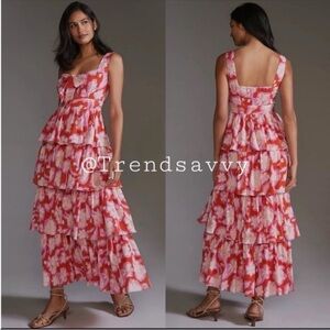 Anthropologie Vineet Bahl Red Floral Tiered Ruffle Cutout Maxi Dress 10 NWT